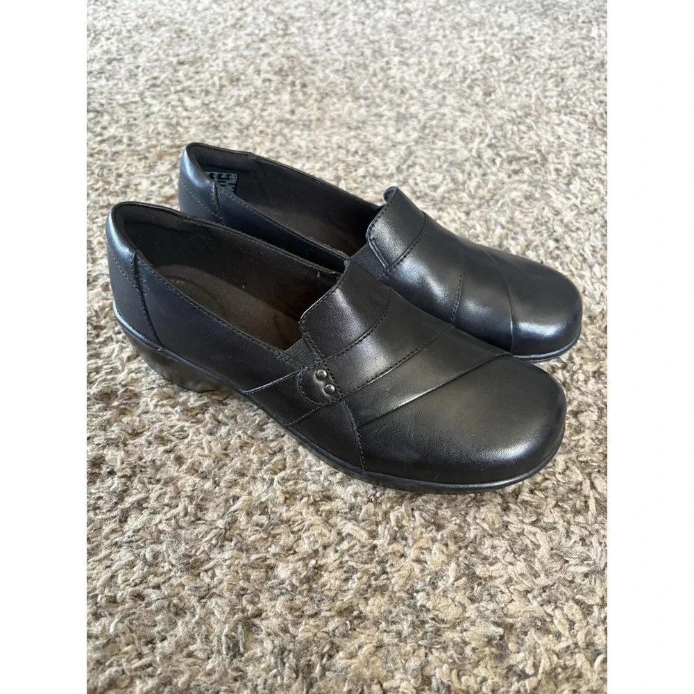 Clarks Collection Black Leather Slip-On Comfort Casual Shoes Women 8.5